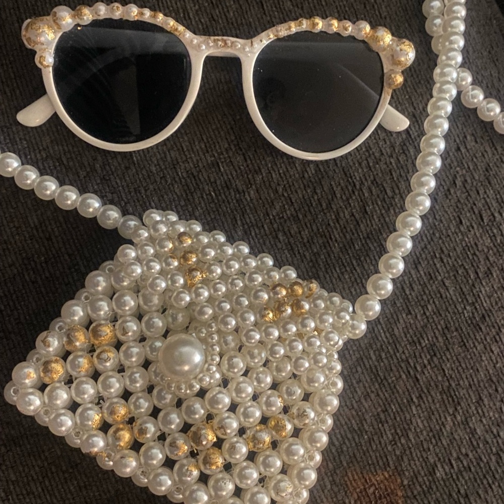 Handmade Elegant Pearl and Gold girls Sunglasses and Bag Set